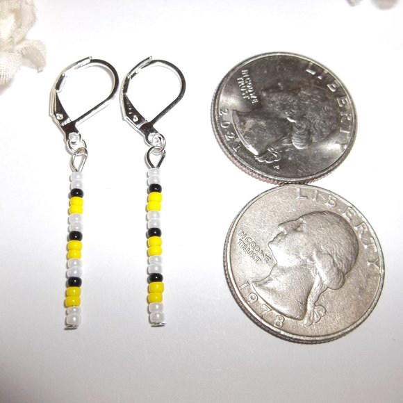Linear Seed Bead Drop Earring Minimalist Sleek White Pearl Black Yellow Set A723 - Picture 3 of 8